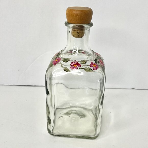 Floral Clear Glass Apothecary Bottle Hand painted Pink Flowers & Green Leaves - Picture 2 of 12